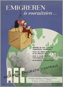 poster showing people on a crate moving across the globe