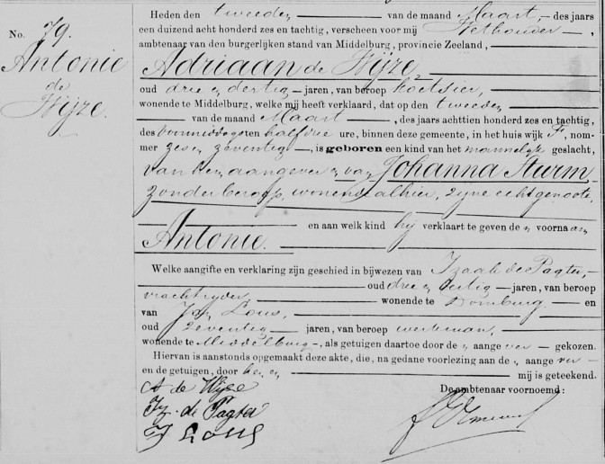 Birth record of Antonie de Wijze, Middelburg 2 March 1886
