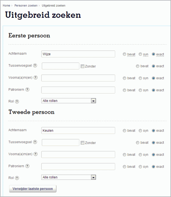 WieWasWie - search form with Wijze and Keulen filled in