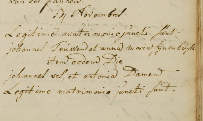 Marriage record of Johannes Vos and Antonia Damen (Roman-Catholic)