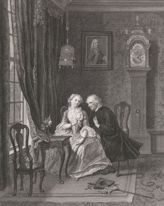 Etch of an older man holding a woman's had
