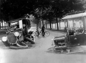 Two old cars after a collision
