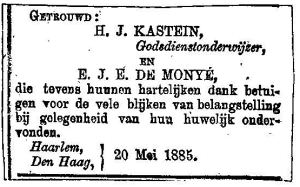 Marriage announcement of H.J. Kastein and E.J.E. de Monye