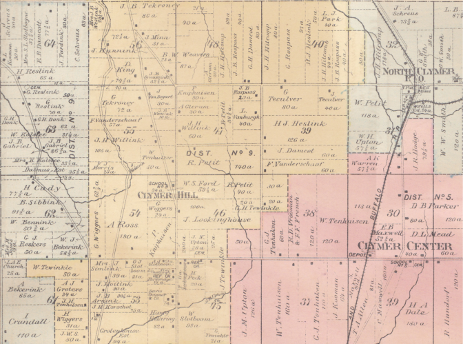 Fragment of a plat map of Clymer, Chautauqua county, New York in 1880, showing several Achterhoek names