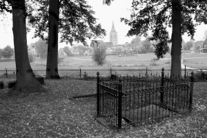 Cemetery with a church in the background