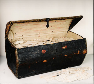 open wooden chest with letters