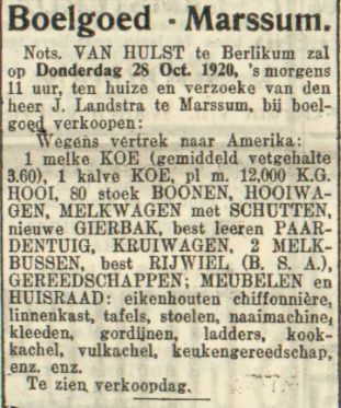 Announcement of a boelgoed, 1920.