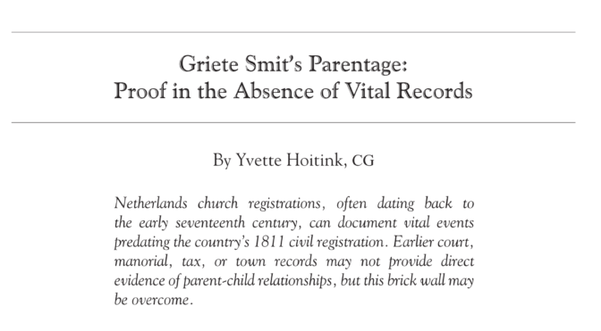 Griete Smits Parentage: Proof in the Absence of Vital Records