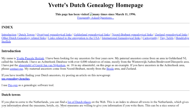 Yvette's Dutch Genealogy Homepage in April 1996